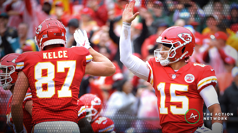 Kansas City Chiefs quarterback Patrick Mahomes (15) and tight end Travis Kelce (87)