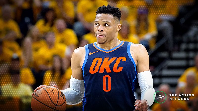 Oklahoma City Thunder guard Russell Westbrook (0) dribbles the ball during the first half of game six of the first round of the 2018 NBA Playoffs against the Utah Jazz at Vivint Smart Home Arena.