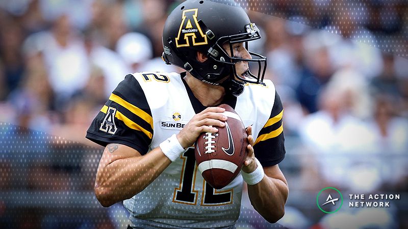 Appalachian State Mountaineers quarterback Zac Thomas (12) looks to throw a pass during the first quarter against the Penn State Nittany Lions at Beaver Stadium. Penn State defeated Appalachian State 45-38 in overtime.