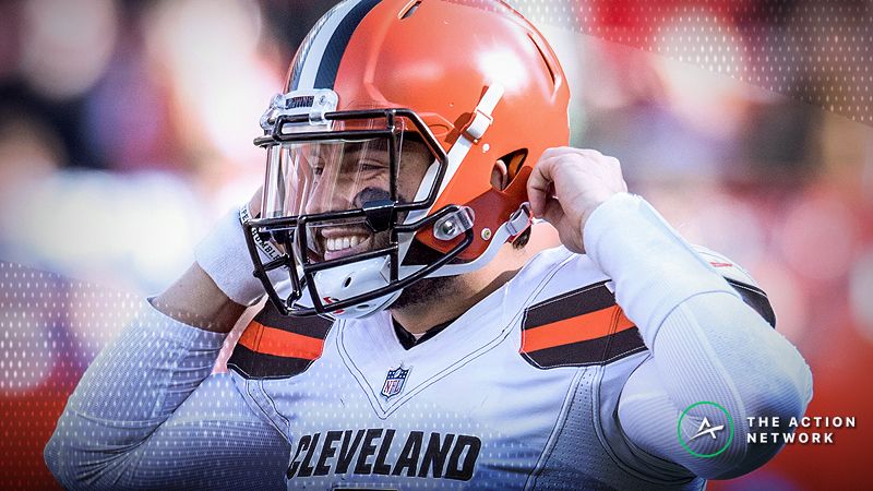 Cleveland Browns quarterback Baker Mayfield (6) reacts after throwing an interception during the fourth quarter against the Los Angeles Chargers at FirstEnergy Stadium.