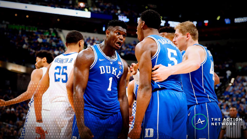 Duke Blue Devils forward Zion Williamson (1) and guard RJ Barrett (5)