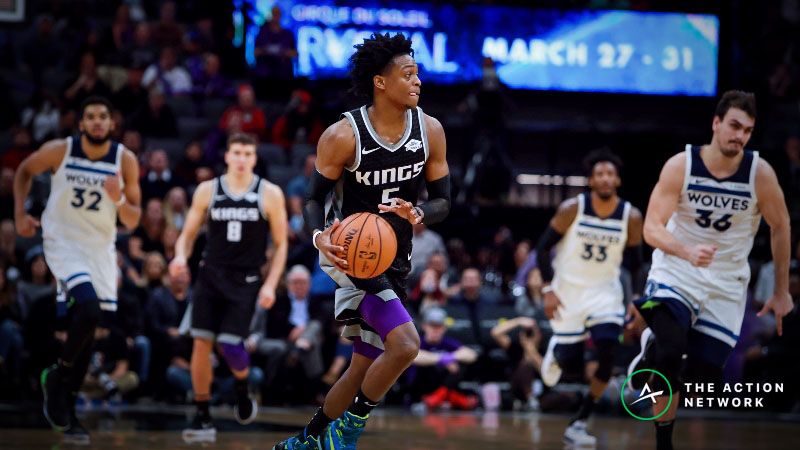 Sacramento Kings guard De'Aaron Fox (5) looks to pass the ball against against the Minnesota Timberwolves during the fourth quarter at Golden 1 Center.